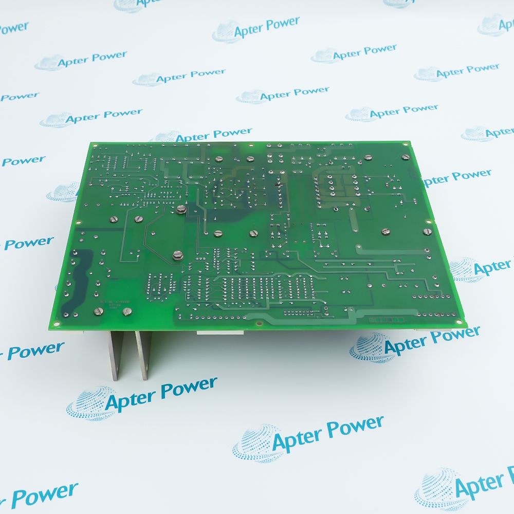 Solder side of the same board standing on its heatsink brackets, showing bare green laminate
