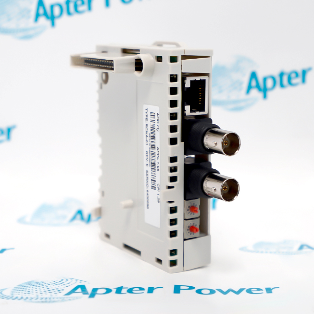 ABB RCNA-01 adapter, angled side view with RJ45 port, two BNC connectors and two rotary switches at the base