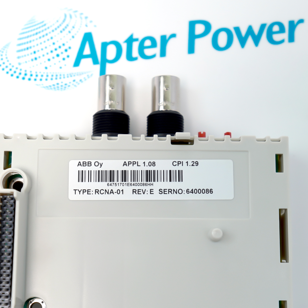 ABB RCNA-01 top close-up showing two BNC connectors above a label with TYPE RCNA-01 and SERNO 6400086