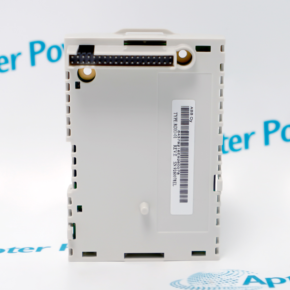 ABB RDIO-01-64379216D rear view with pin header along the top and vertical label reading TYPE RDIO-01 REV E