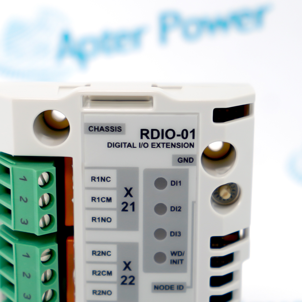ABB RDIO-01-64379216D front close-up with DI1 to DI3 and WD/INIT LEDs, relay terminal labels R1NC, R1CM, R1NO