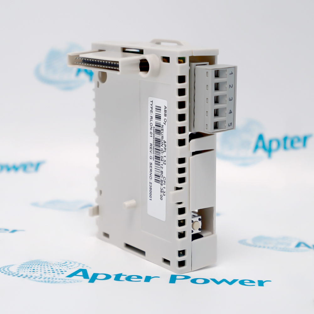 ABB RLON-01 adapter, angled side view showing the 5-pin network plug and nameplate TYPE RLON-01 REV G