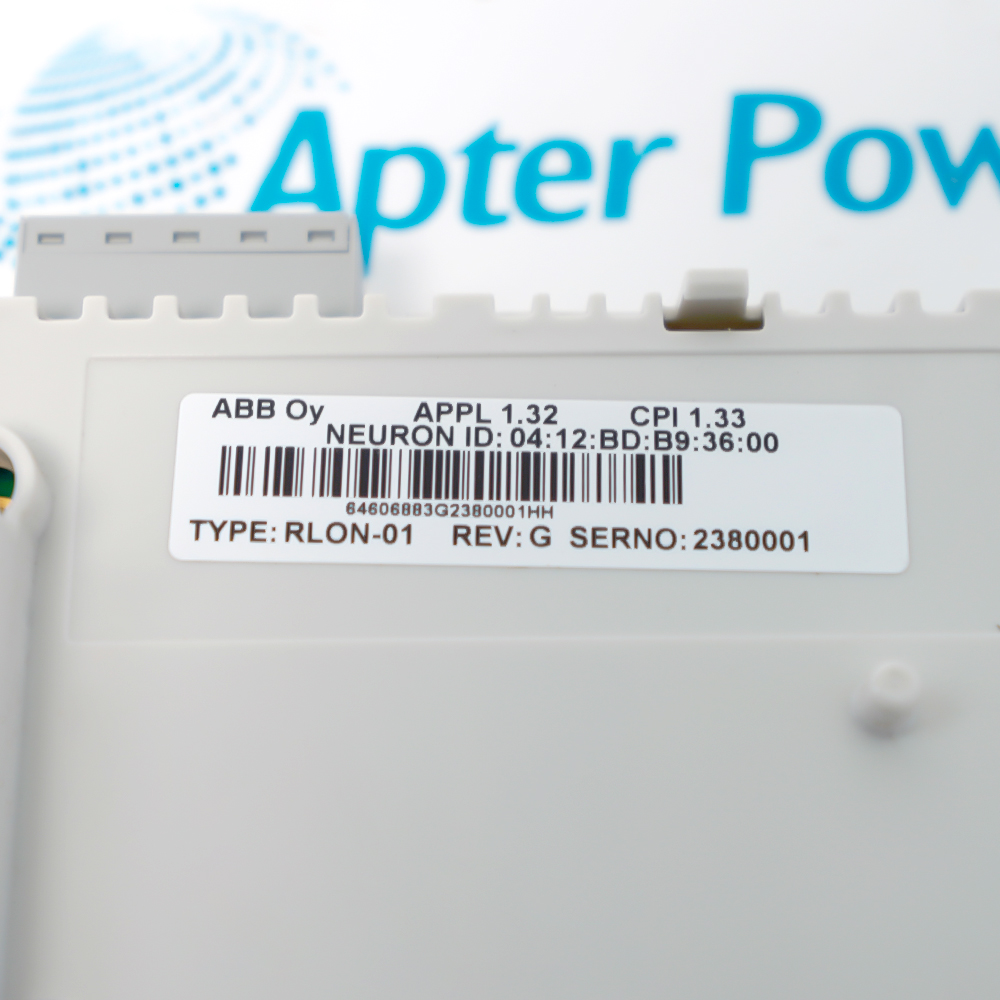 ABB RLON-01 close-up of white module label showing TYPE RLON-01, REV G, serial number and NEURON ID barcode