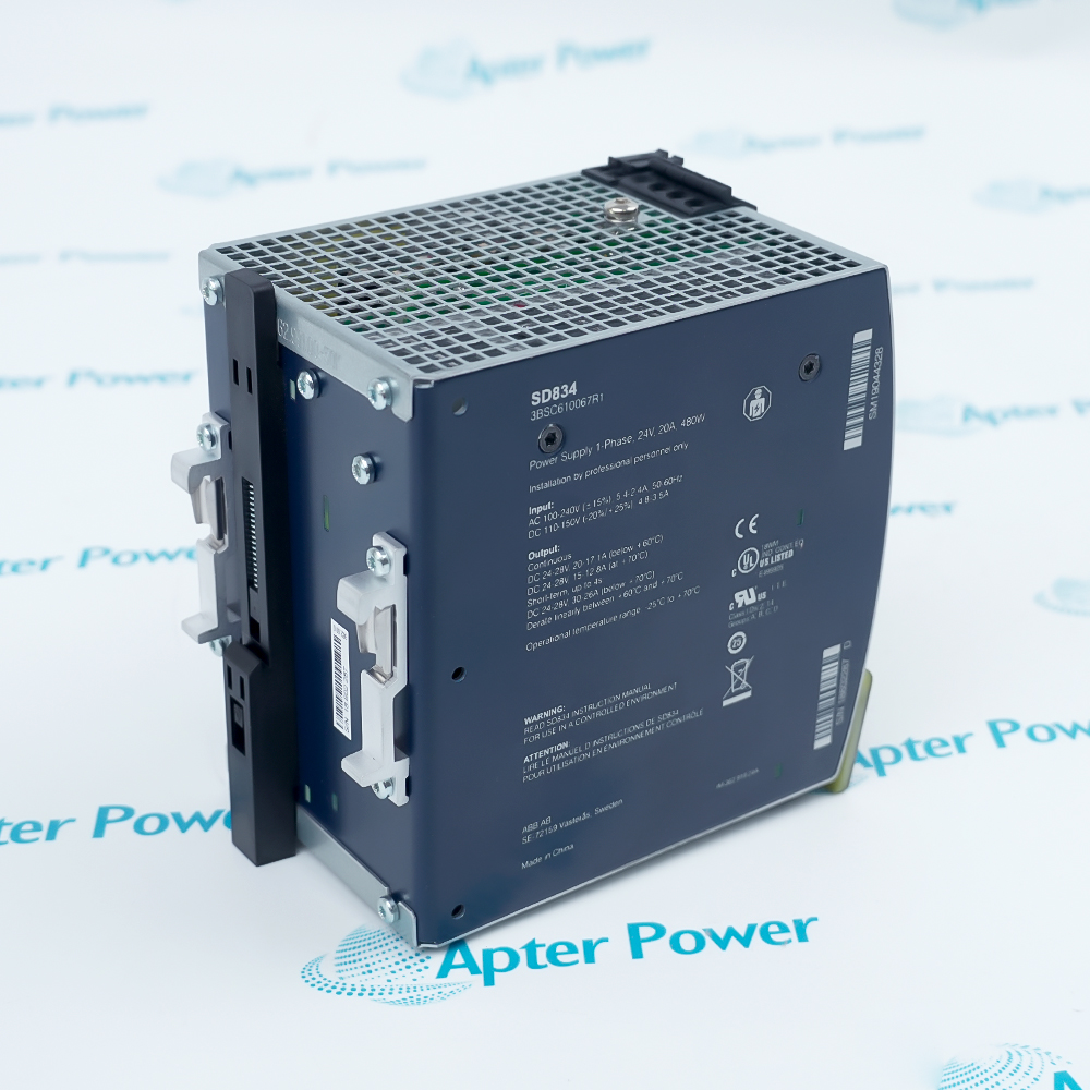 ABB SD834-3BSC610067R1 power supply, dark blue side panel with SD834 label and DIN-rail clip at the back
