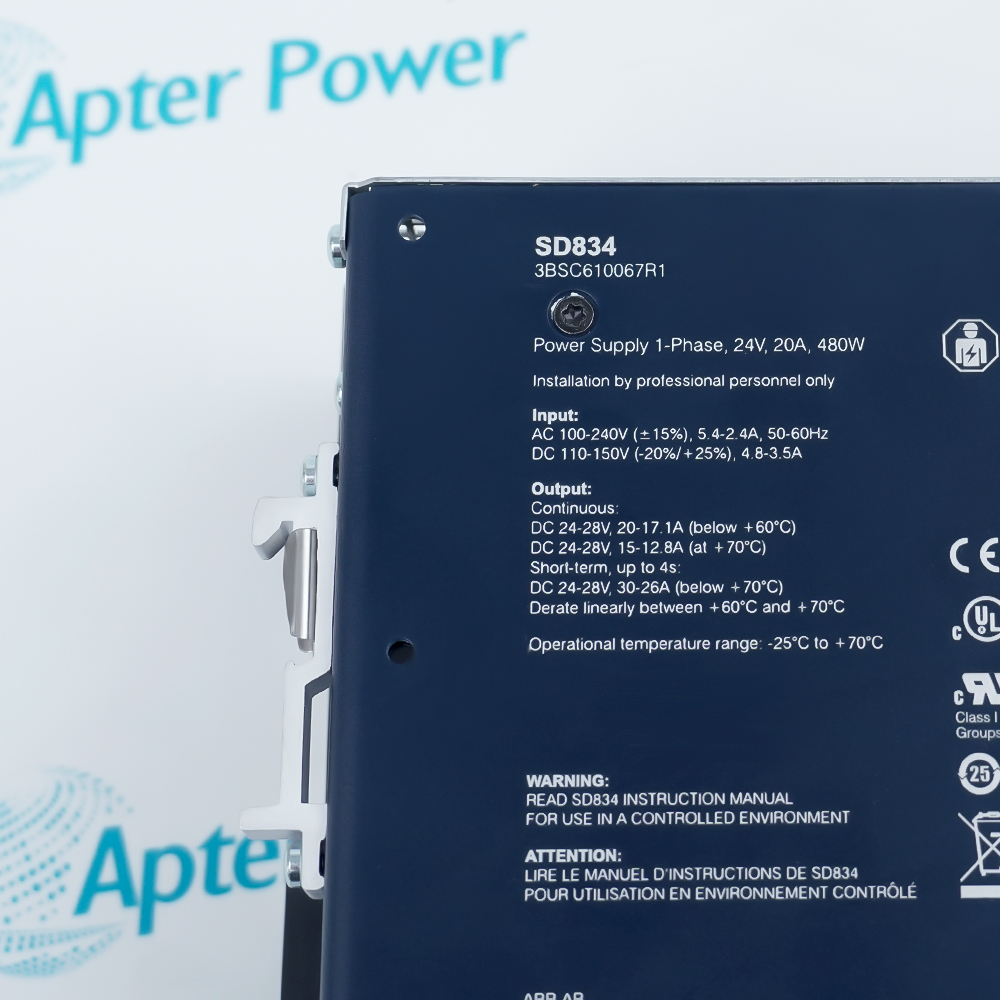 ABB SD834-3BSC610067R1 front label close-up: SD834 power supply, 1-phase 24V 20A 480W, with input and output specs