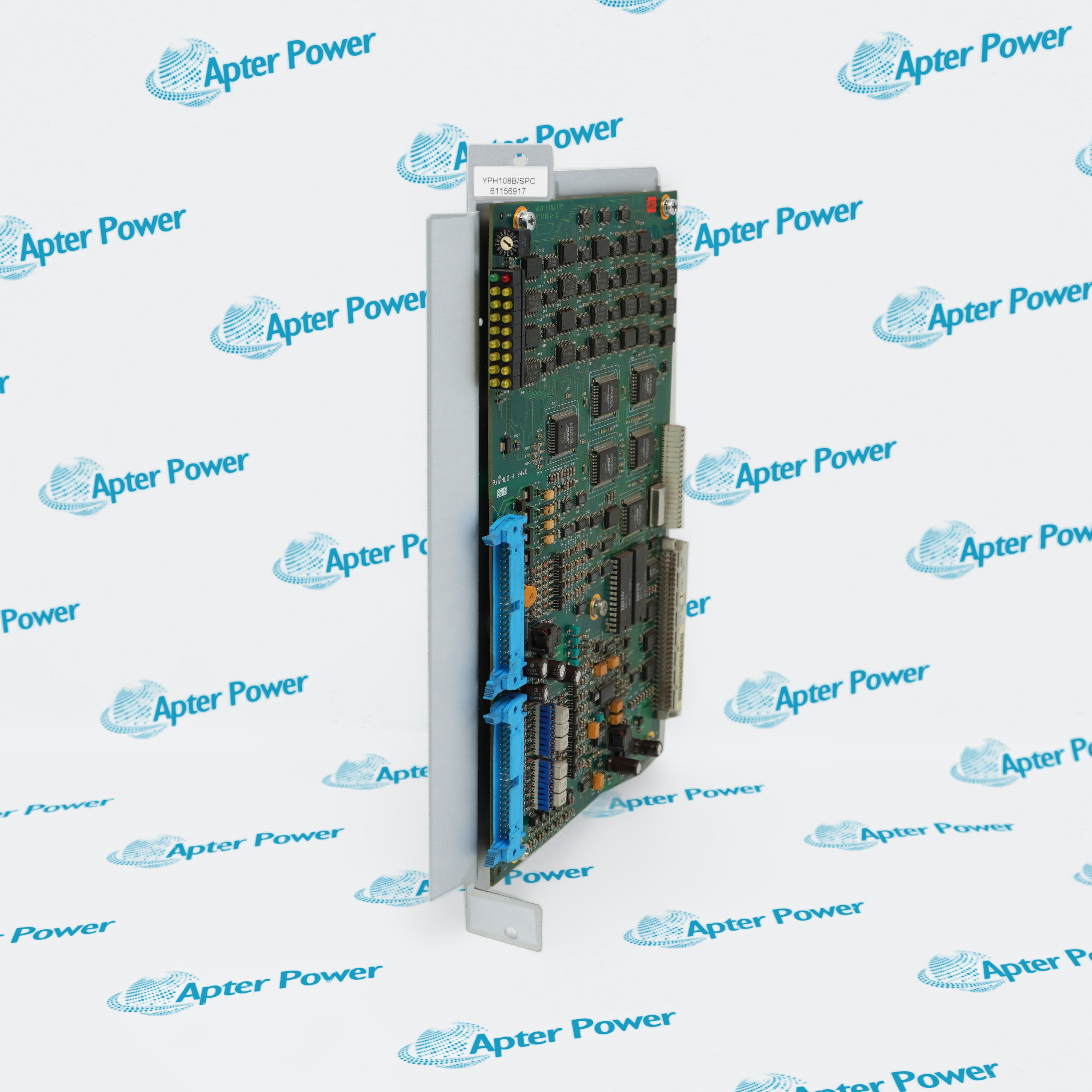 ABB YPH108B/SPC angled view of circuit card with blue edge connectors and front plate tag reading YPH108B/SPC