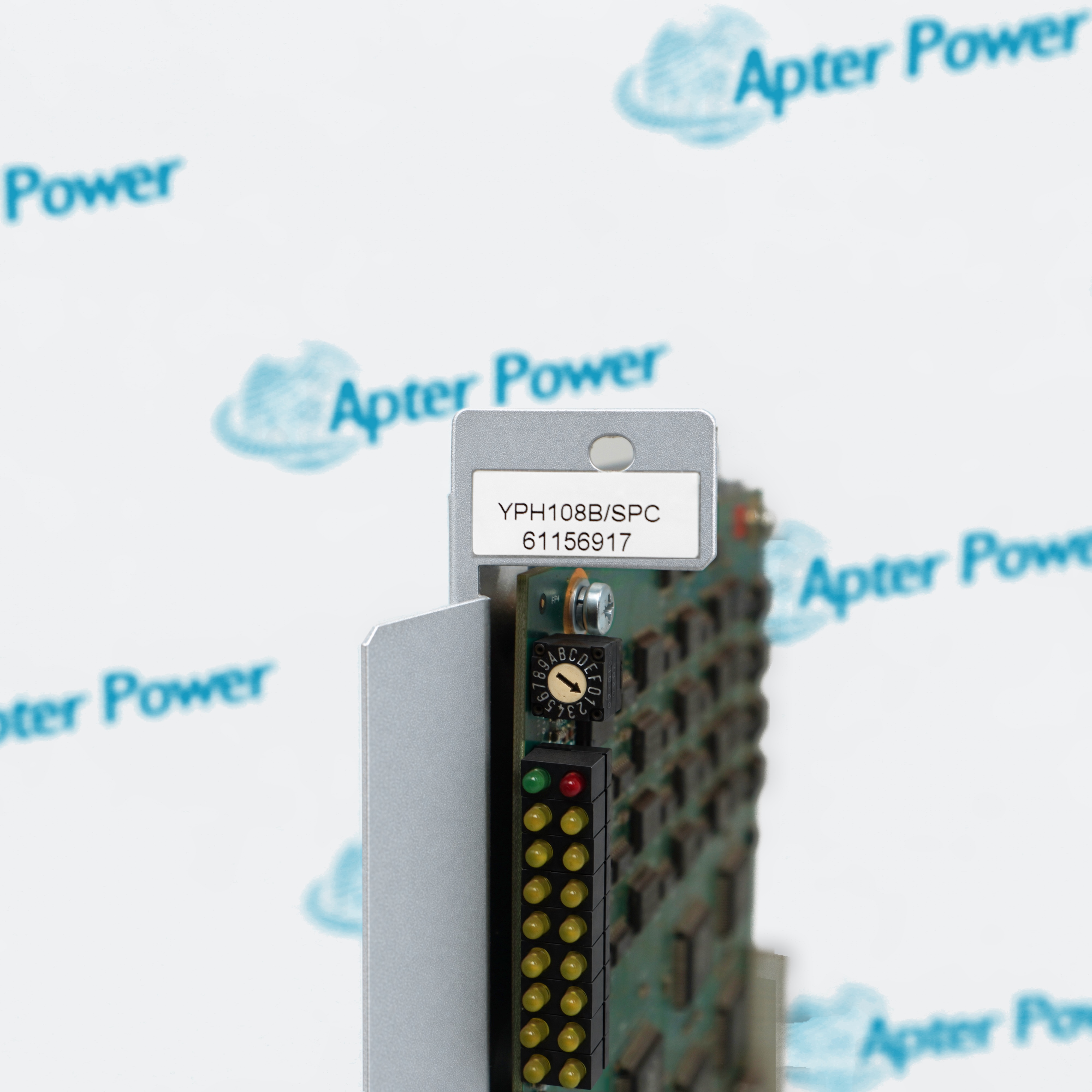 ABB YPH108B/SPC close-up of front plate label 61156917 above rotary address switch and yellow LED column