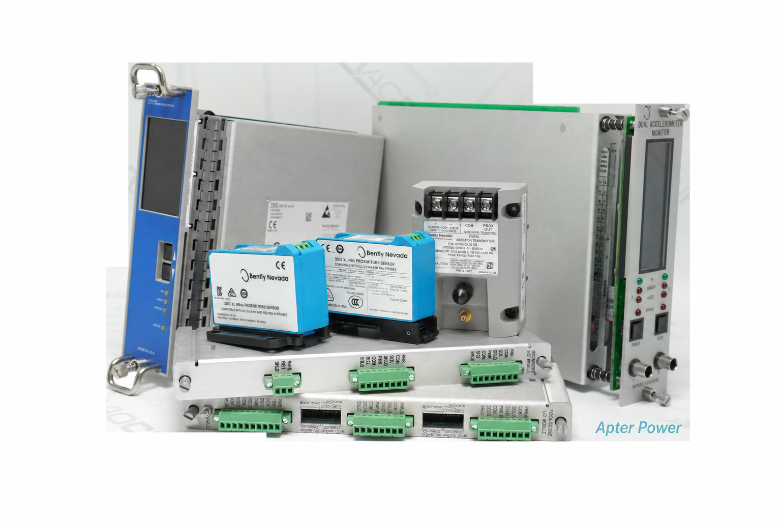 Bently Nevada machinery monitoring parts with Apter Power watermark