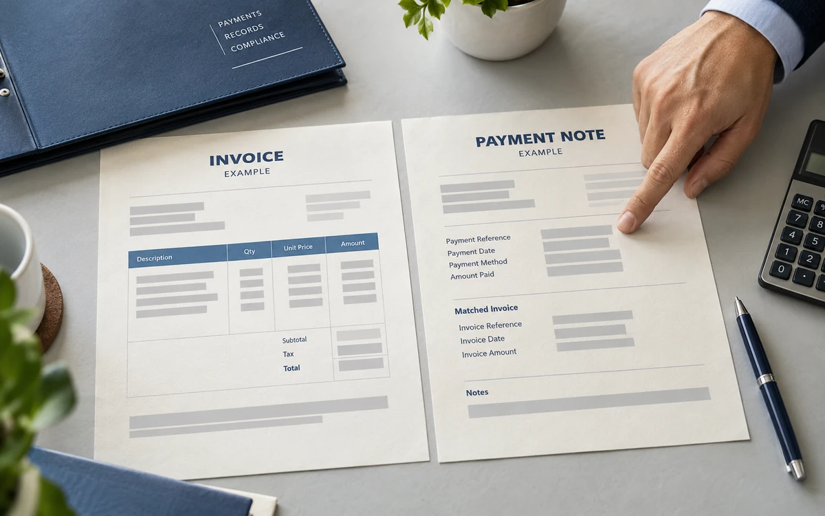 Illustrative invoice and payer information review, marked as an example without bank details