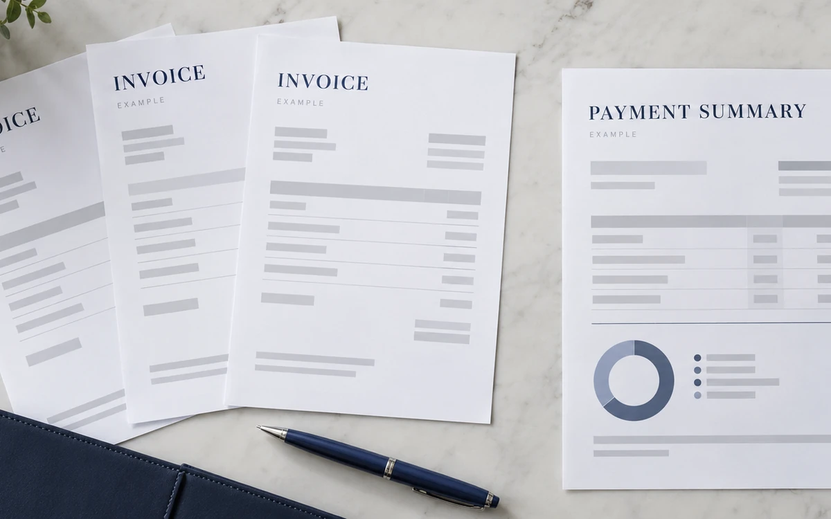 Illustrative comparison of multiple invoices and a payment summary, marked as an example