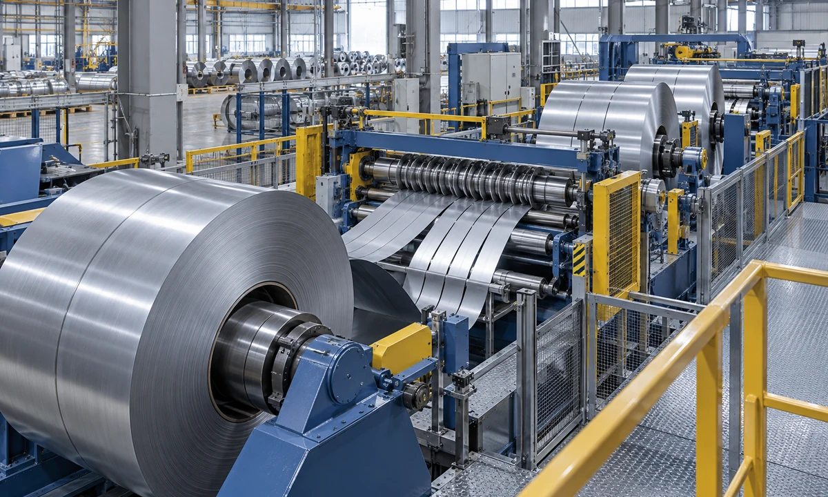 Illustrative steel coil slitting industrial scene