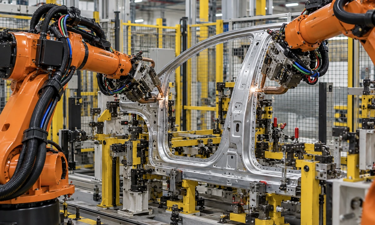 Illustrative robotic spot welding of an automotive body panel