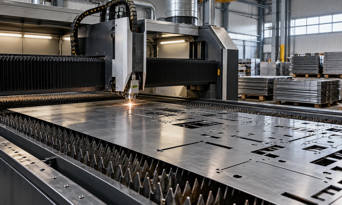 Illustrative steel laser cutting industrial scene