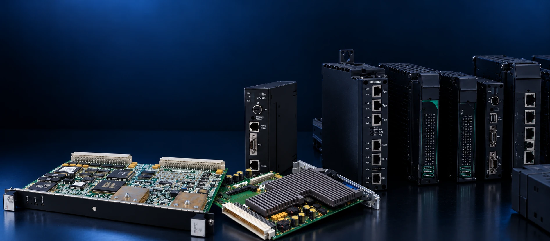 Bailey control modules and circuit boards shown in a studio composition