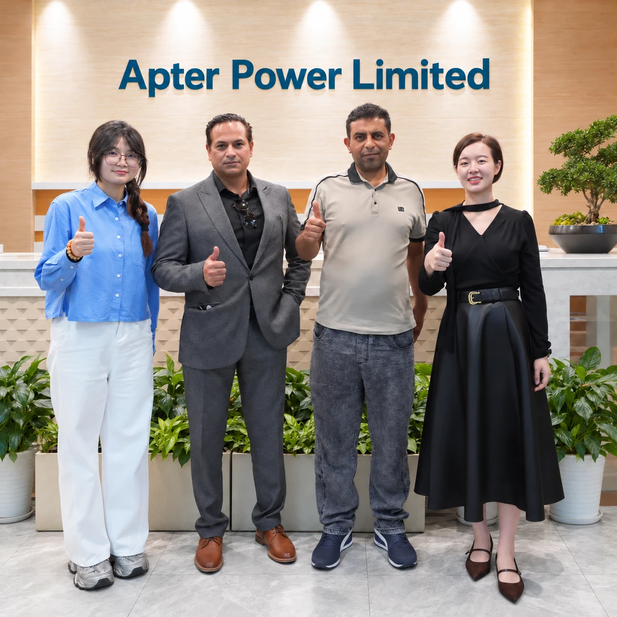 Group photo with a digitally edited backdrop reading Apter Power Limited