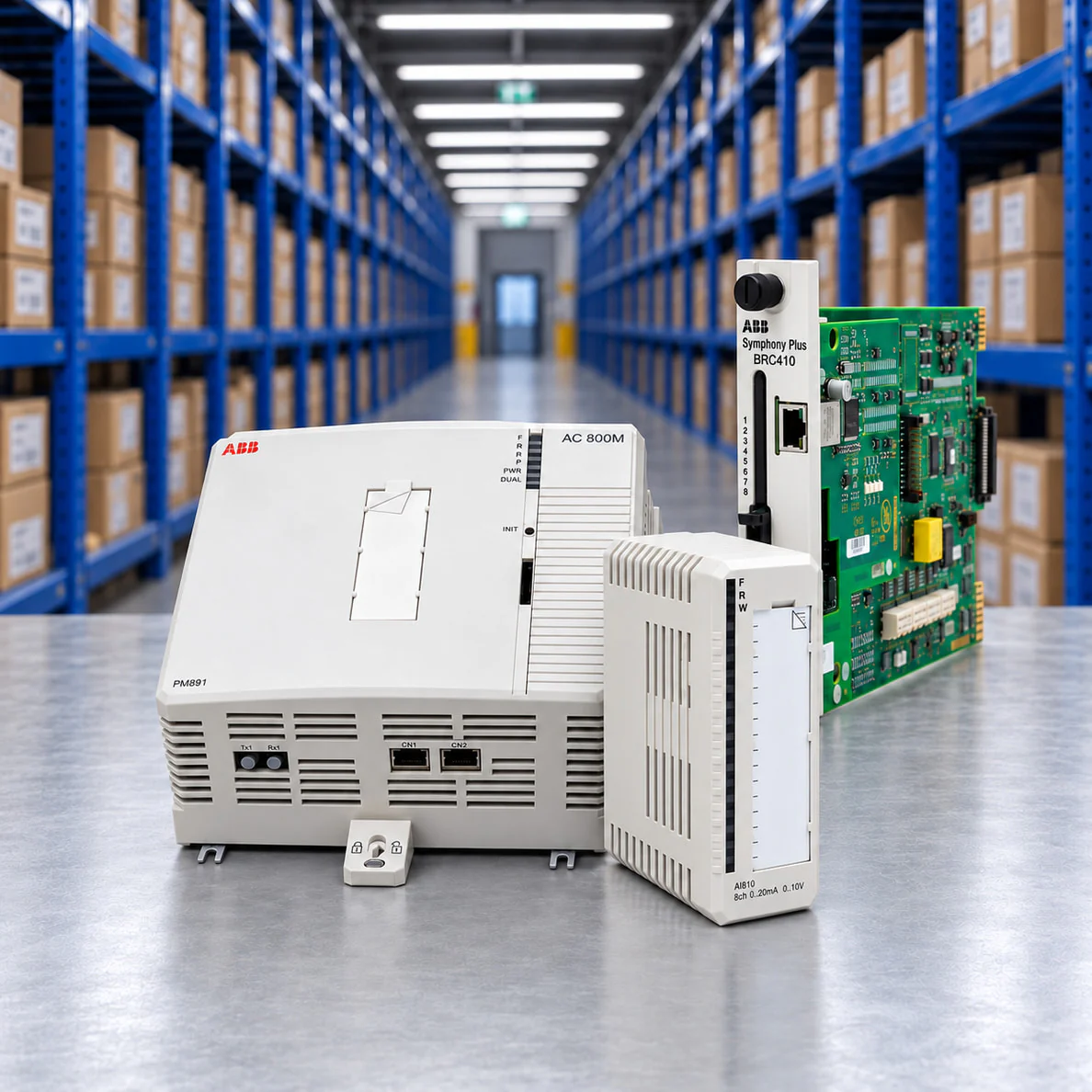 ABB control-system spare parts in a warehouse setting