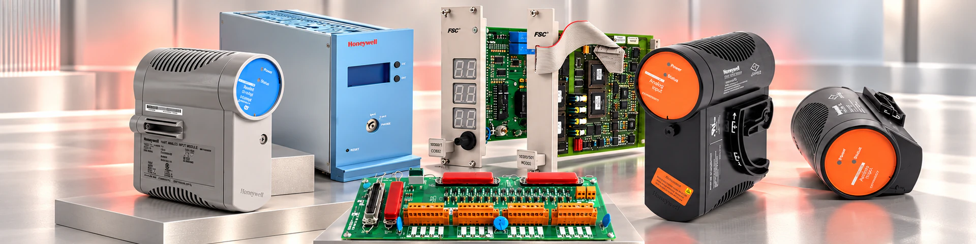 Honeywell control hardware and FSC modules in a warm pearl-white product scene