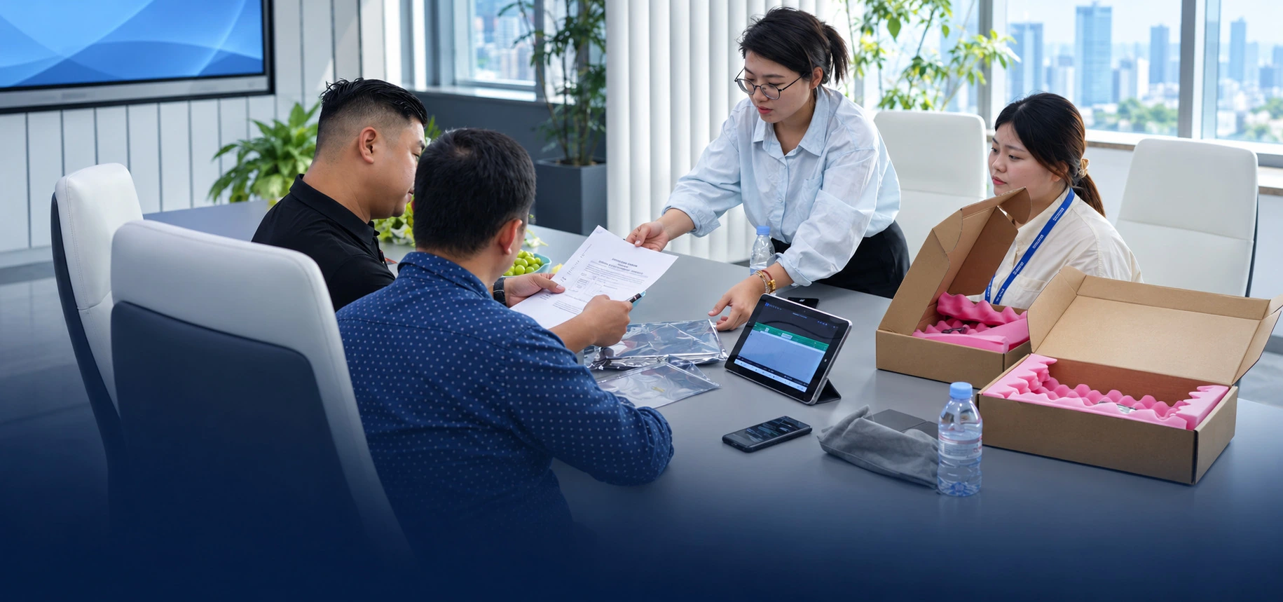 Customer and staff discussing order documents at a meeting table