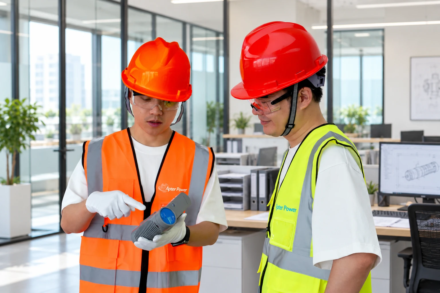 Apter Power staff reviewing an industrial component