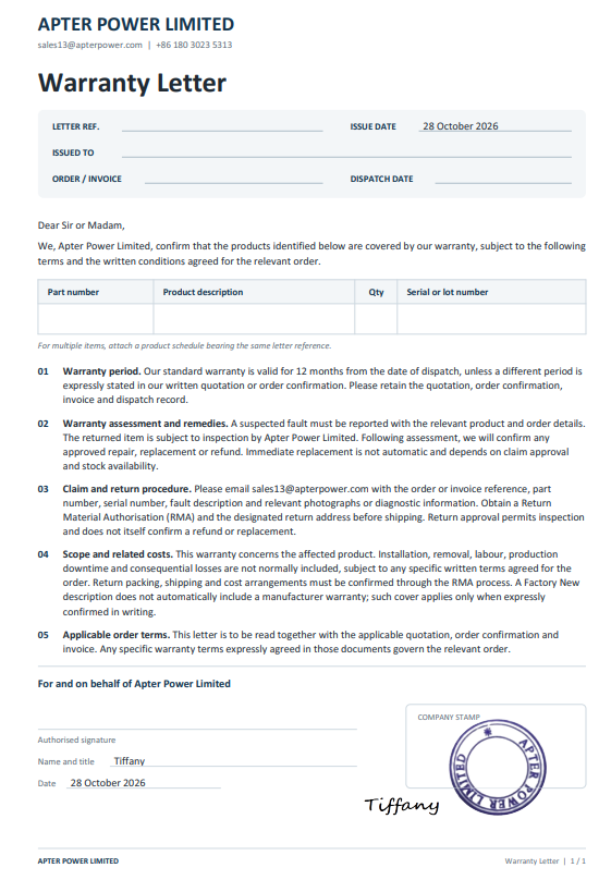 Apter Power Limited Warranty Letter issued 28 October 2026